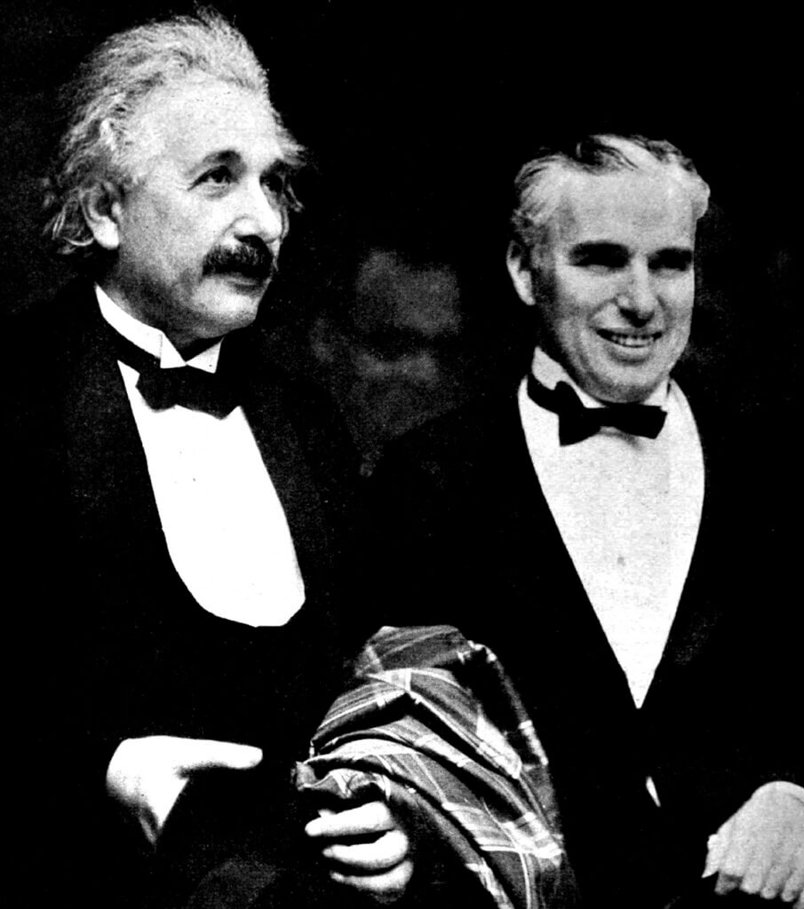 Photo of Albert Einstein and Charlie Chaplin at the Los Angeles premiere of the film City Lights. Einstein said Chaplin was the only person in Hollywood he wanted to meet. The Chaplins played host to the Einsteins at the film's premiere.